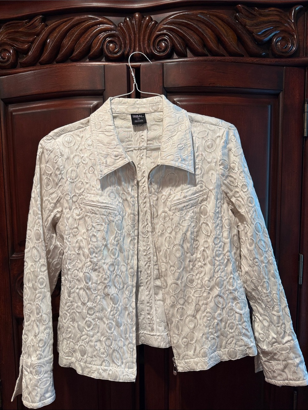 Tribal Cream Embroidered Zip-Front Jean Jacket